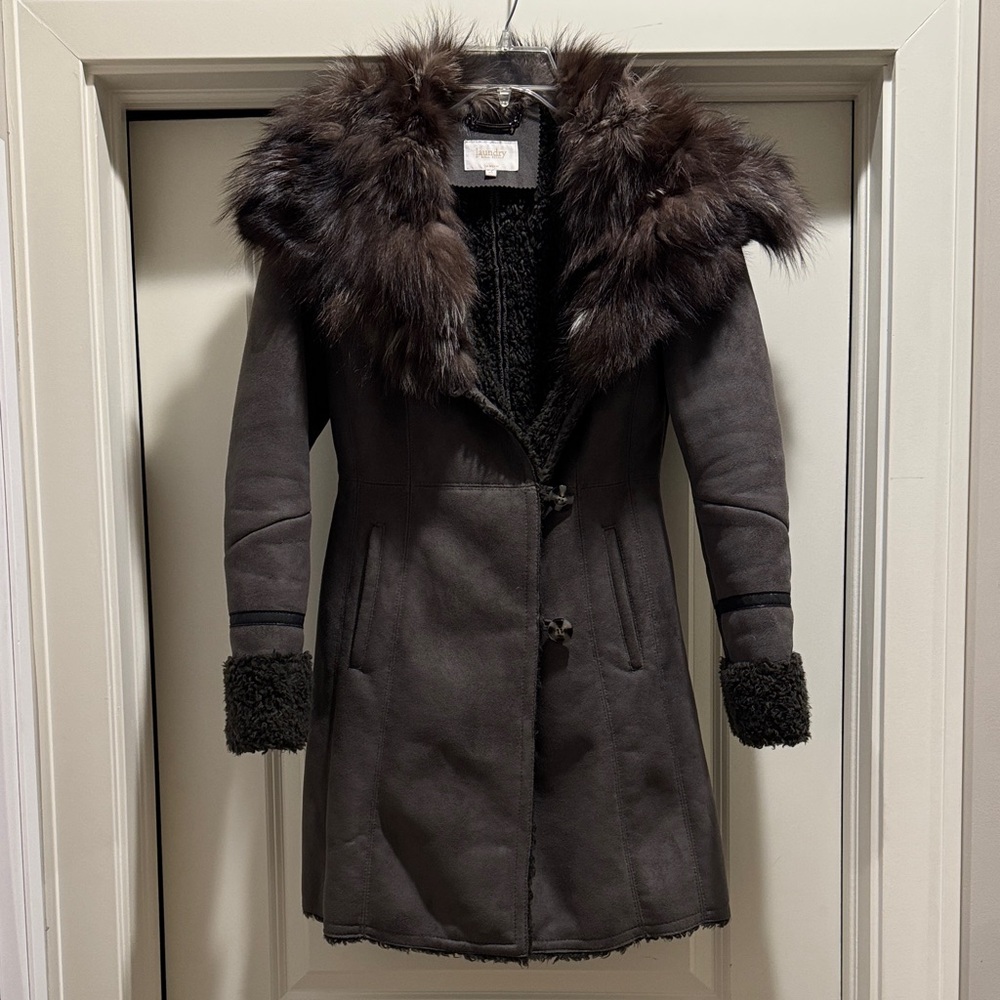 Laundry By Shelli Segal Chocolate Teddy Coat with Faux Fur Trim